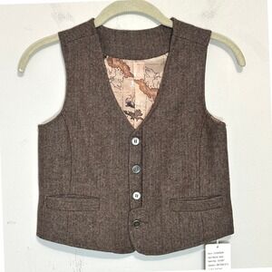 Coodebear Boys Map Lined Herringbone Brown Wool Cotton Blend Vest Size 7T